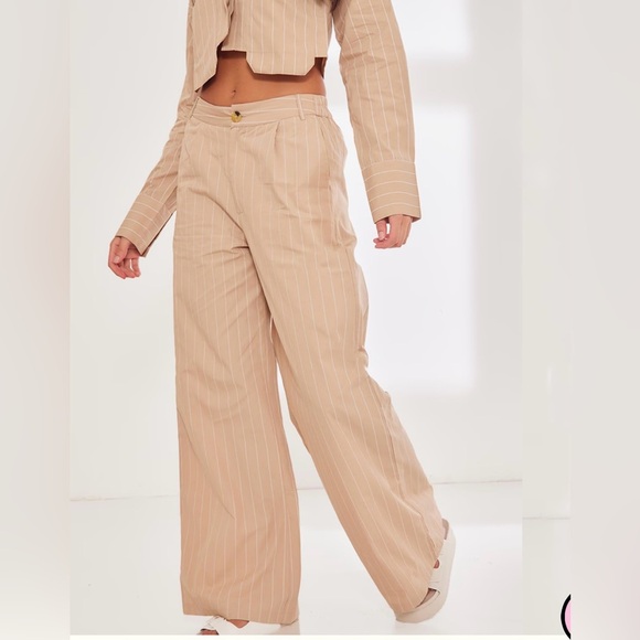 PrettyLittleThing Beige Pinstripe Wide-Leg Pants - Picture 2 of 5
